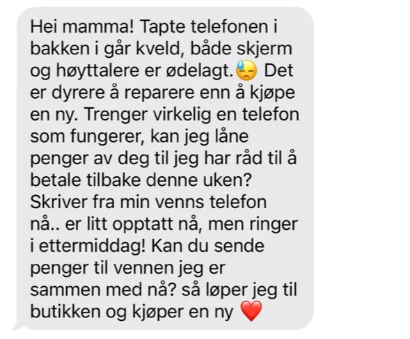 Eksempel på Hei Mamma-svindel-SMS