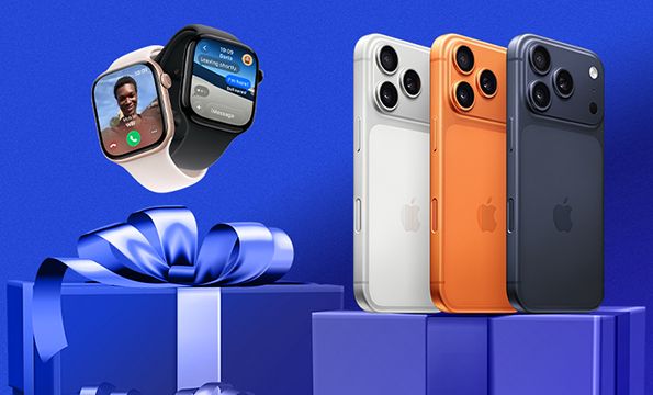 apple watch og nye iphone 17 pro på en blå bakgrunn med gaver