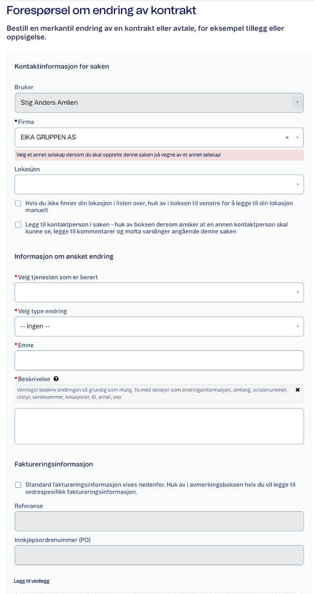 Skjema for forespørsel om endring av kontrakt med ulike felt for informasjon