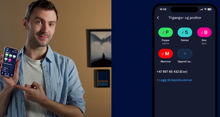Mann som viser frem T-We app i telefon med forskjellige profiler for familien