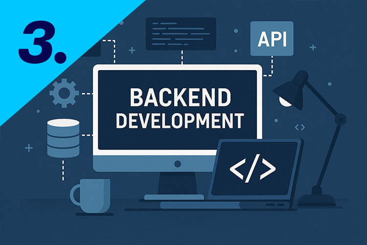 Illustrasjon av backend-utvikling med ikoner for kode, API og databaser