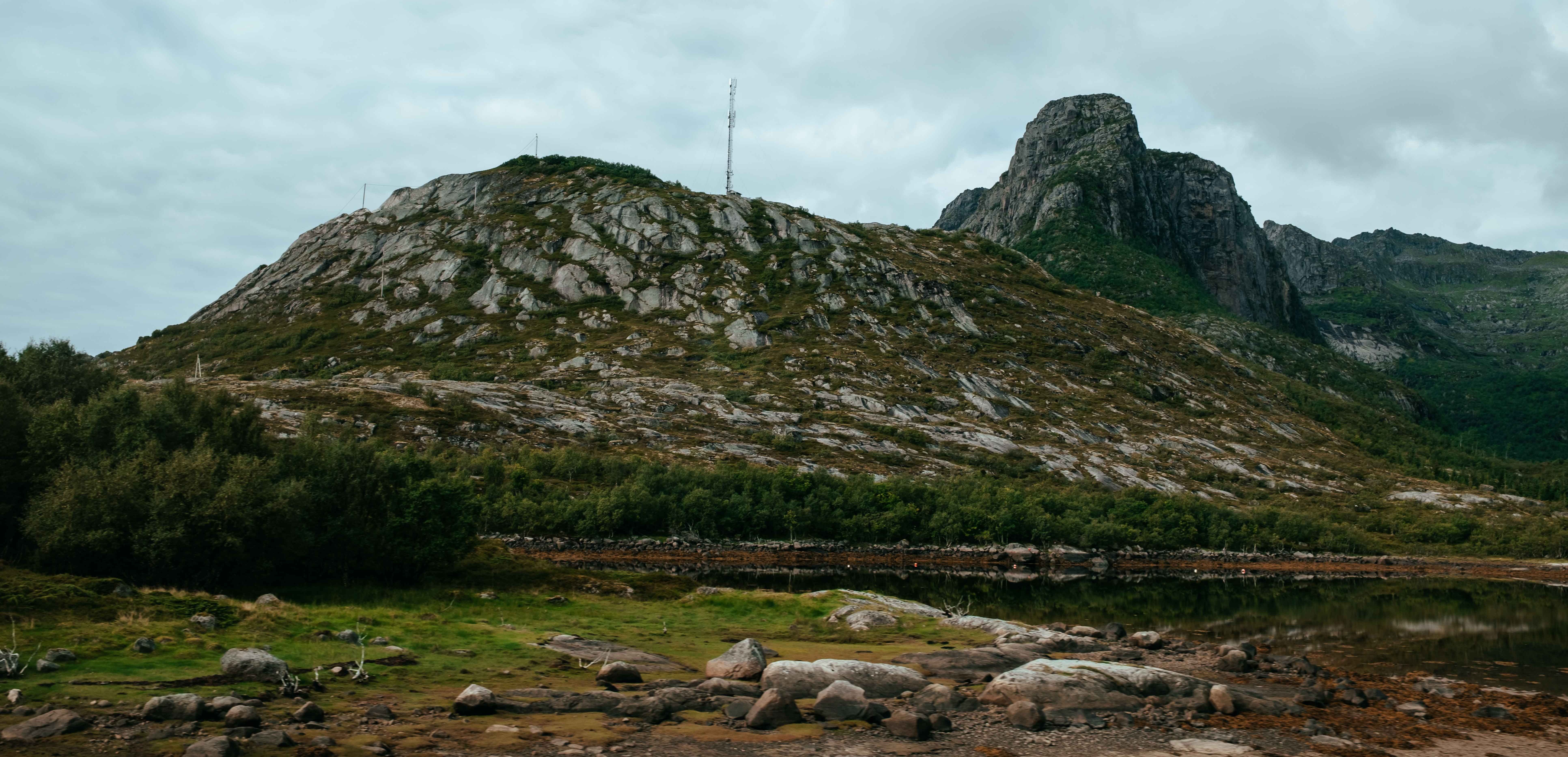Fjellandskap med trær og en mobilmast under overskyet himmel