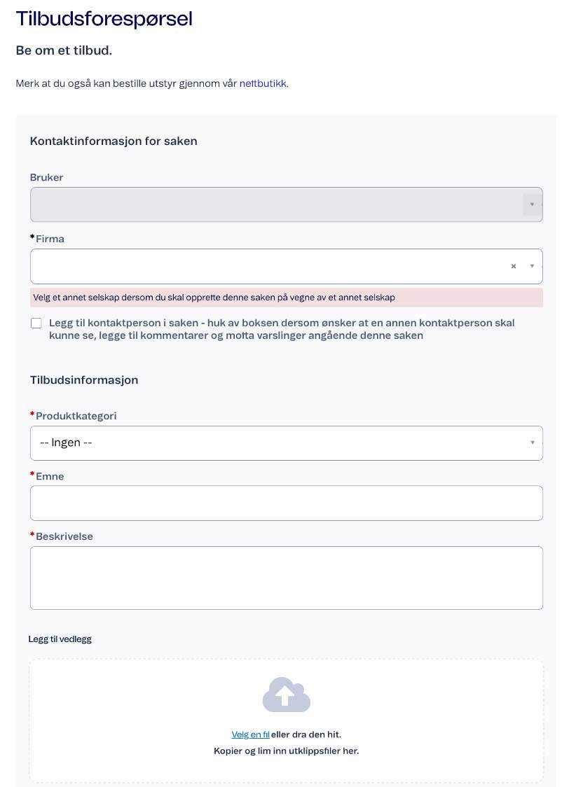 Skjema for å kontakte salgsrepresentant med påkrevde felt