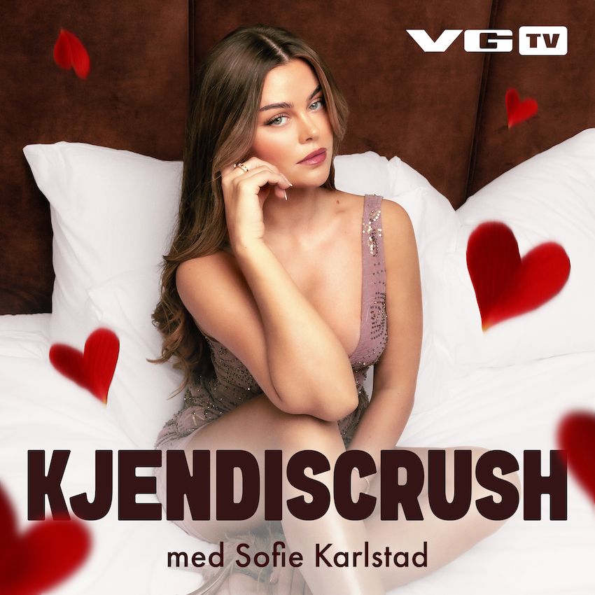 VGTVs "Kjendiscrush" med Sofie Karlstad, omgitt av røde hjerter, et av månedens strømmetips.