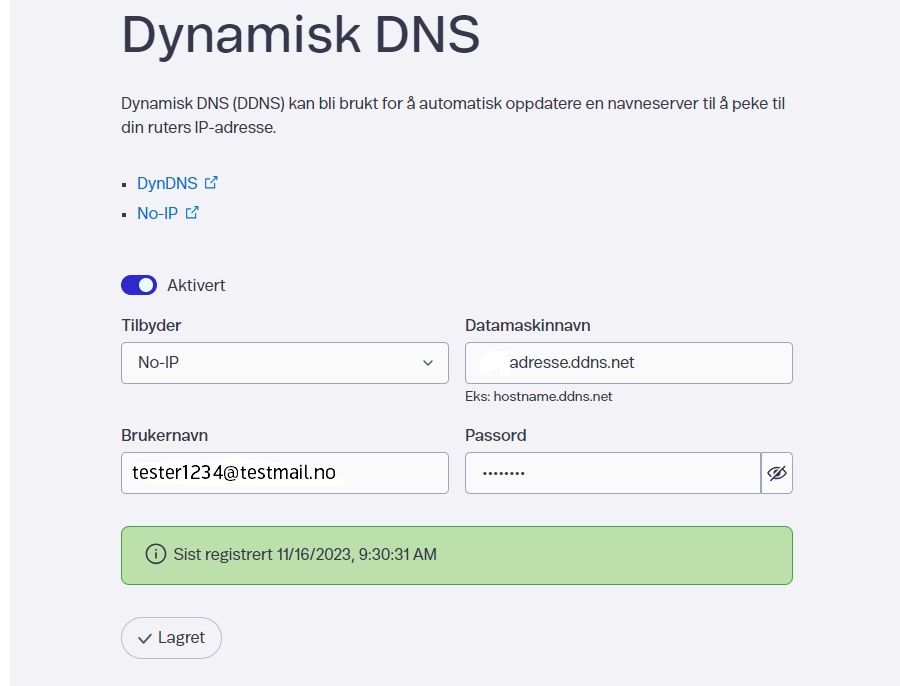 dynamisk dns - fyll inn tilbyder, brukernavn og passord