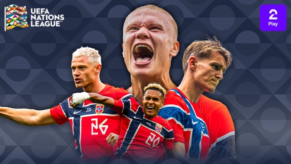 Plakat for Norge vs Danmark med Haaland, Ødegaard, Sørloth og Bobb, samt logoer for Nations League og TV 2 Play.